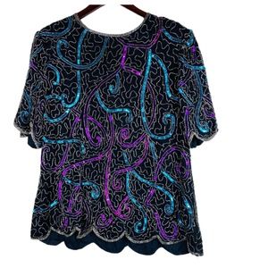 Vtg Scala 2X 20 XXL Top Shirt Beaded Sequin Evening SILK Black Party New Years